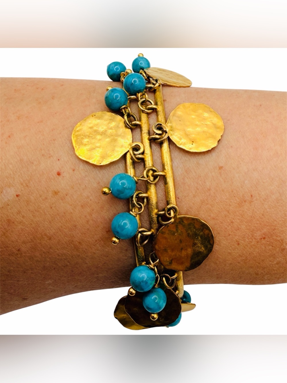 Bronzallure Italy Bangle Bracelet Dangling Turquoise Beads & Gold Disk Charms 7”
